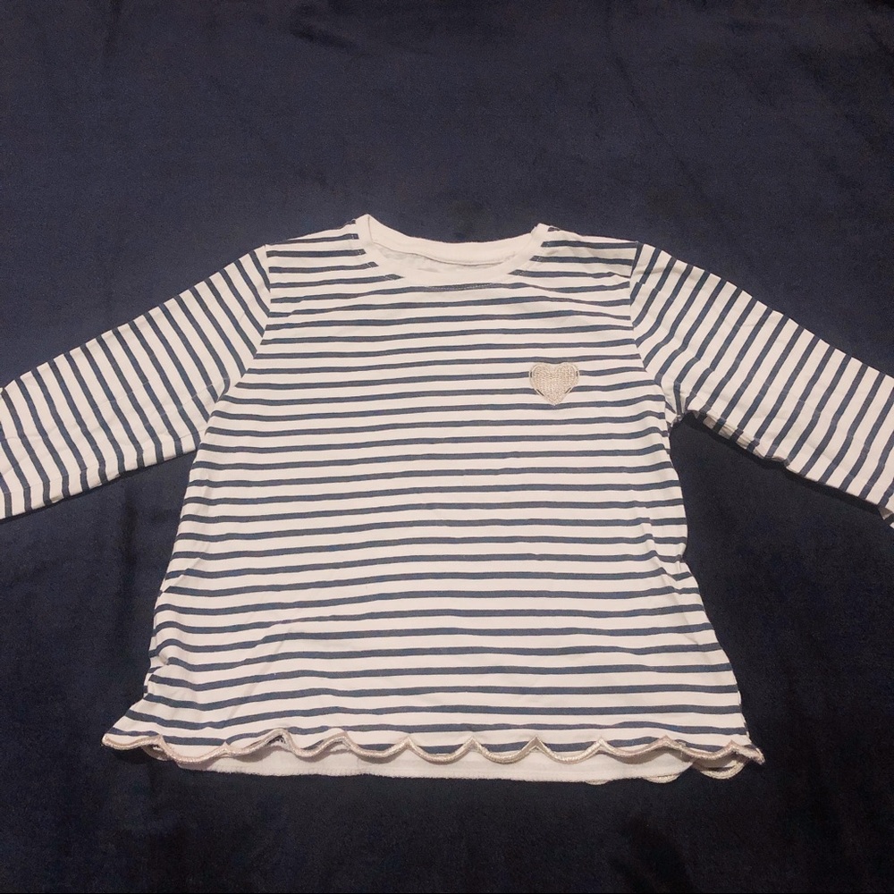 Navy and white striped scalloped hem shirt